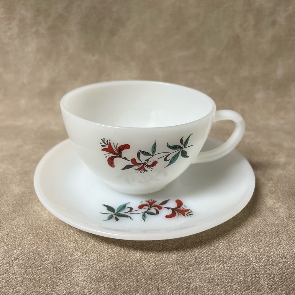 Anchor Hocking Fire King Honeysuckle Coffee Teacup And Saucer Set USA Milk Glass - Picture 2 of 4